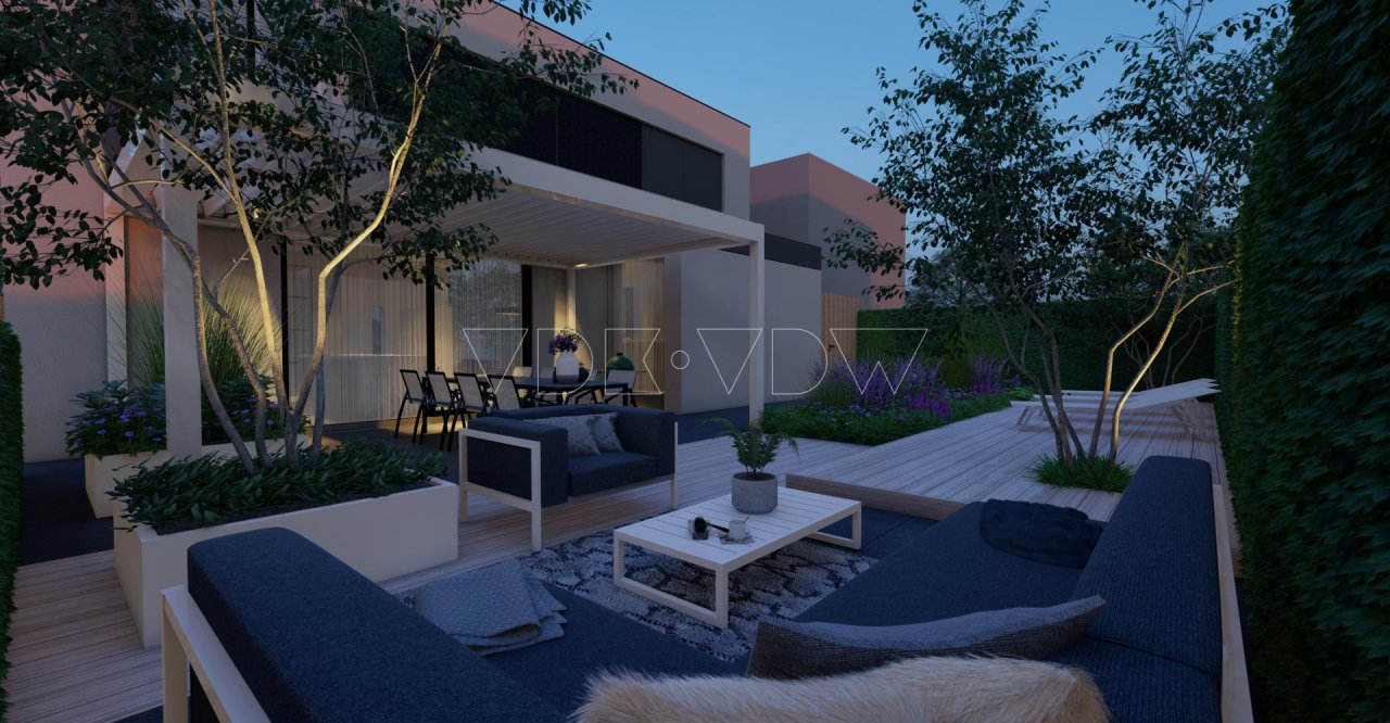 3D tuin ontwerper tegel grote overkapping lamellen lounge dining inrichting afstyling architect vr