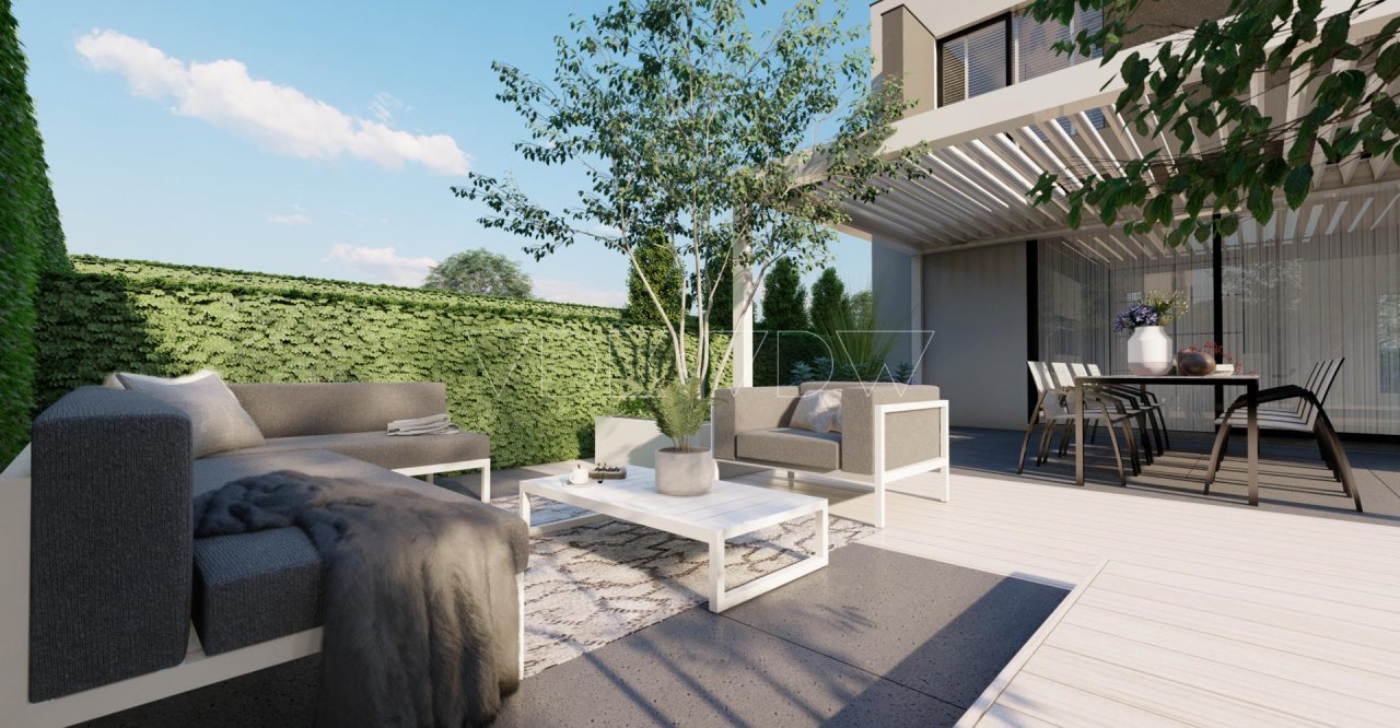 3D tuin ontwerper tegel grote overkapping lamellen lounge dining inrichting afstyling architect vr
