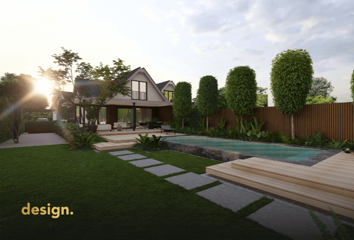 Exclusief tuinontwerp van een villatuin met zwembad