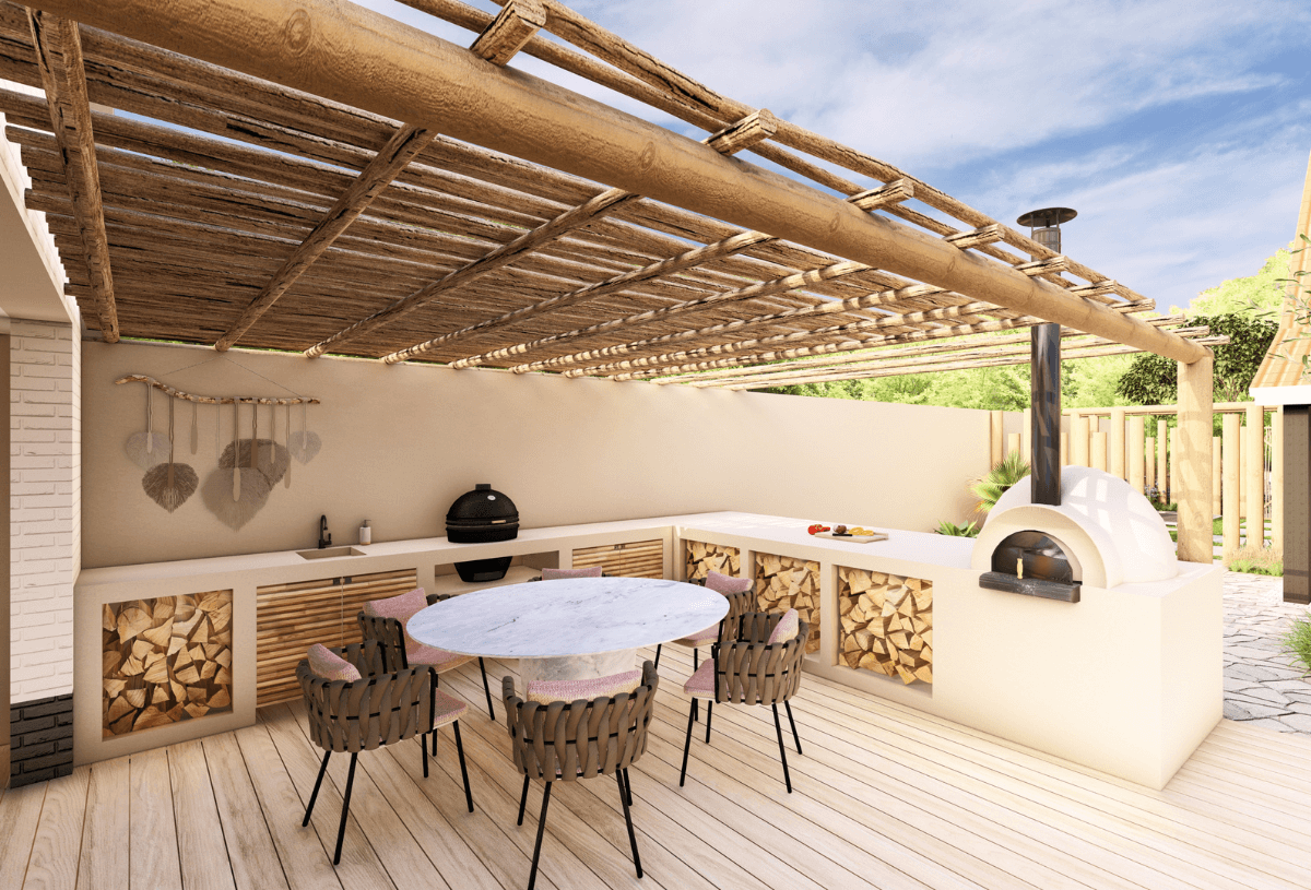 2 (7)Ibiza buitenkeuken met pizzaoven onder rustieke overkapping