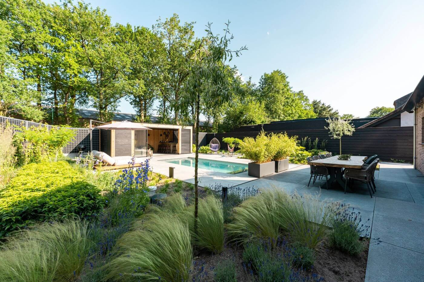 Luxe tuin met zwembad en een stijlvolle overkapping in Rhenen, Gelderland.