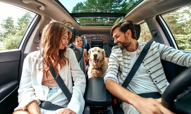 Gezin met kind en hond in de auto op weg naar Villa Arena, bereikbaar per auto met ruime parkeergelegenheid.