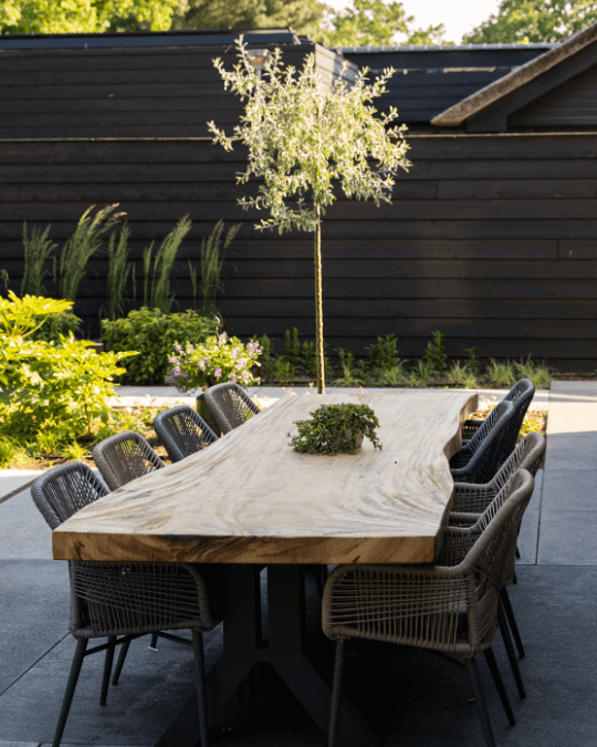 Ruim terras in de achtertuin met een stijlvolle 8-persoons eettafel en comfortabele tuinmeubelen.