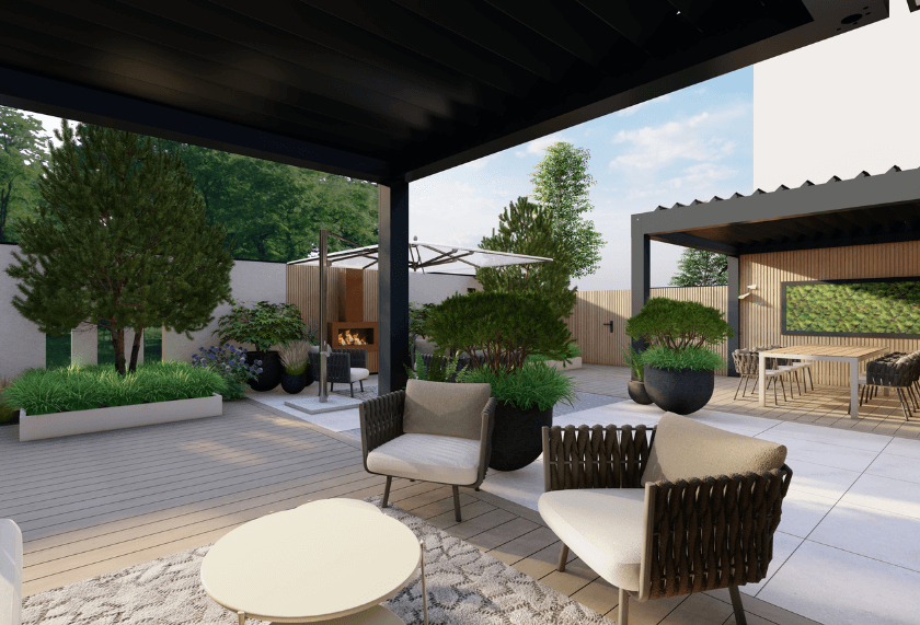 Modern volledige tuin ontwerp met strakke lijnen en luxe materialen