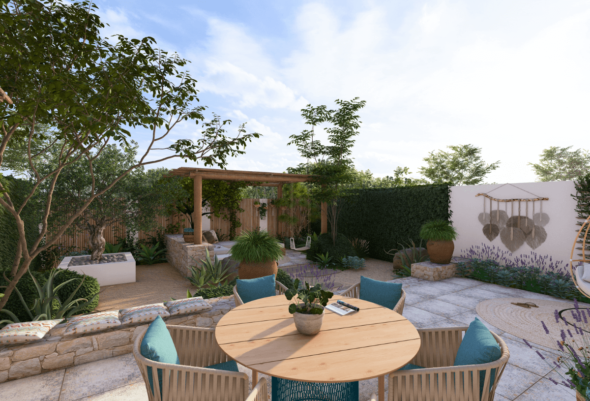 Rustieke Ibiza tuin met teak houten overkapping